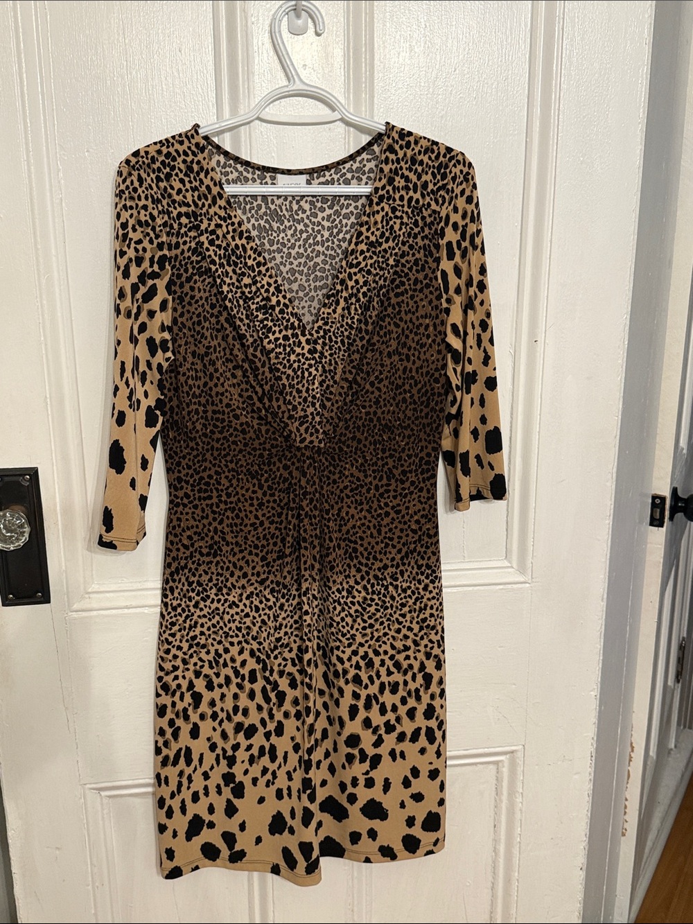 Suzy Shier Tan and Black Leopard Print Midi Wrap Dress
